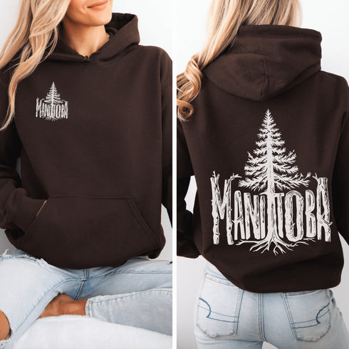 Celebrate the wild spirit of Manitoba with this eye-catching hoodie featuring "Manitoba" written in a unique tree branch font.